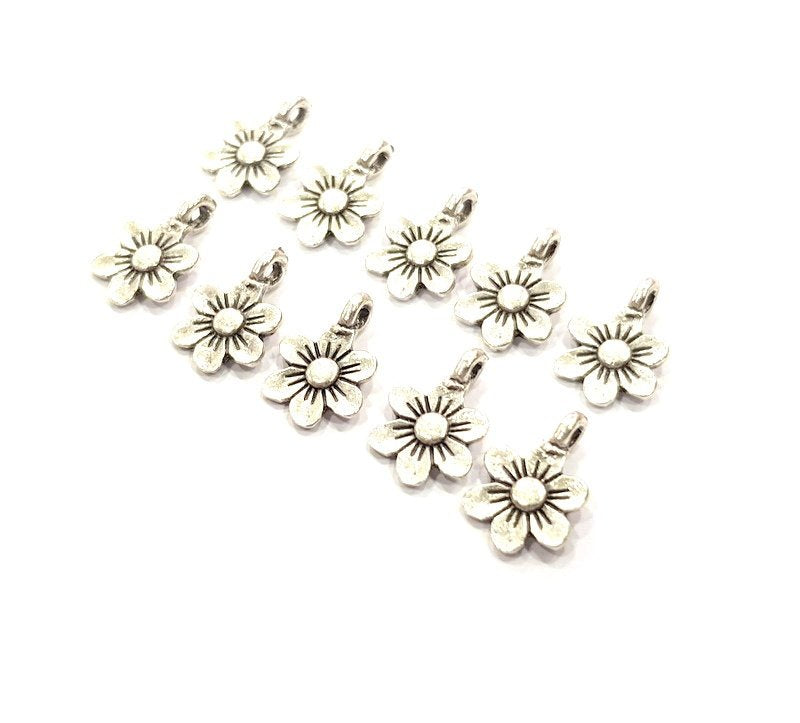 50 Flower Charm Silver Charms Antique Silver Plated Metal (10mm) G12316