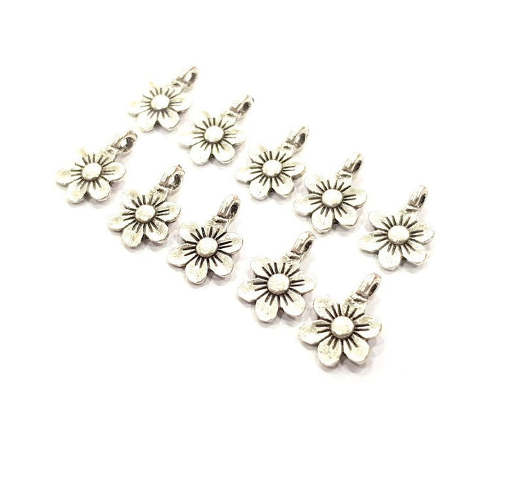 50 Flower Charm Silver Charms Antique Silver Plated Metal (10mm) G12316