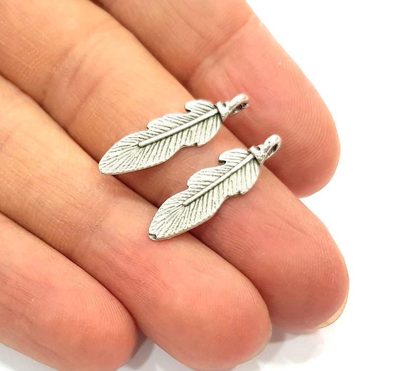 50 Feather Charm Silver Charms Antique Silver Plated Metal (25x7mm) G12349