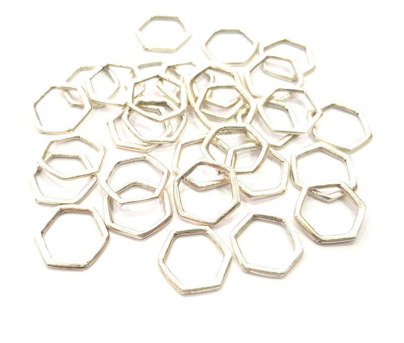 50 Silver Hexagon Connector Charms Antique Silver Plated Charms (13mm) G12354