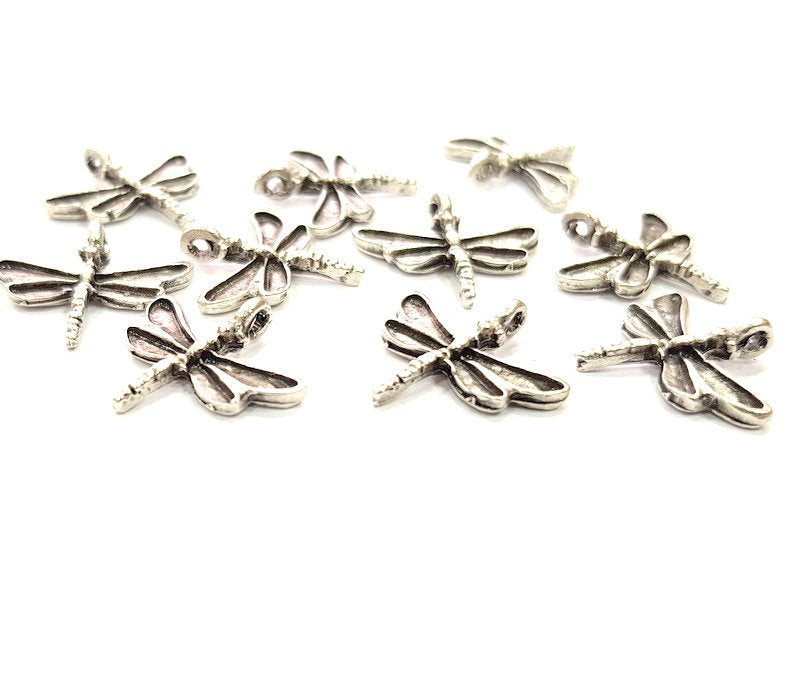 10 Dragonfly Charm Silver Charms Antique Silver Plated Metal (19x18mm) G12357