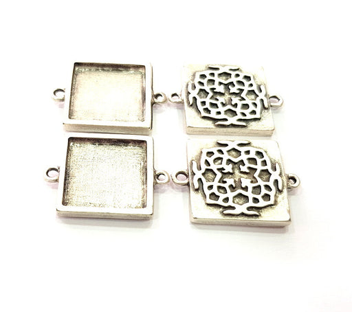 4 Silver Connector Pendant Blank Bezel Base Setting inlay Blank Earring Base Resin Mountings Antique Silver Plated (20x20 mm blank)  G12363