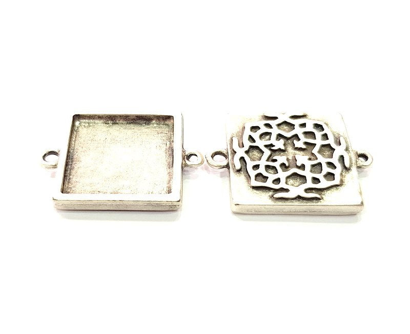 4 Silver Connector Pendant Blank Bezel Base Setting inlay Blank Earring Base Resin Mountings Antique Silver Plated (20x20 mm blank)  G12363