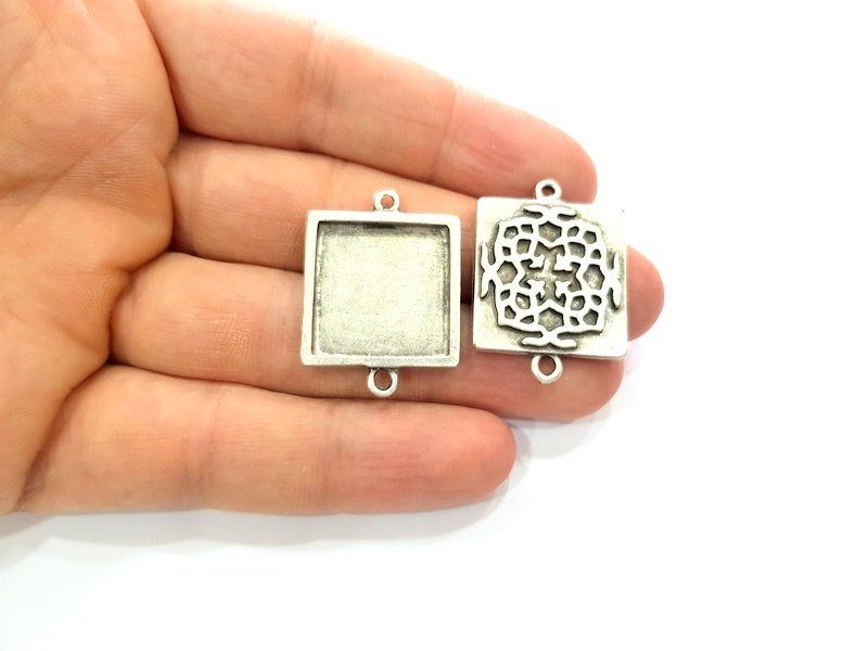 4 Silver Connector Pendant Blank Bezel Base Setting inlay Blank Earring Base Resin Mountings Antique Silver Plated (20x20 mm blank)  G12363