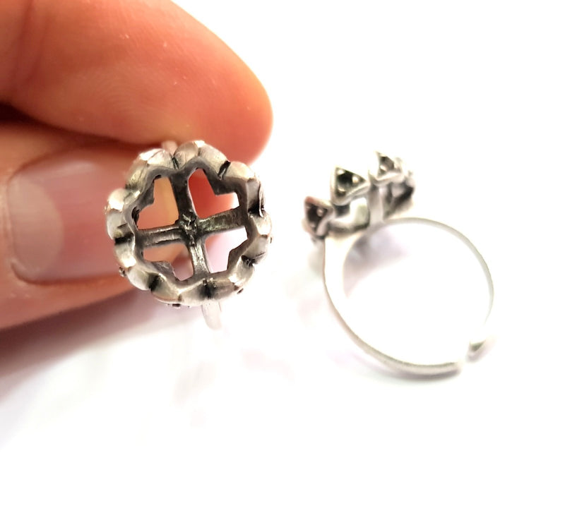 Silver Ring Blank Ring Setting Ring Bezel Base Cabochon Mountings Adjustable(for 10mm,2mm stone blanks)Oxidized Silver Plated Brass G12646