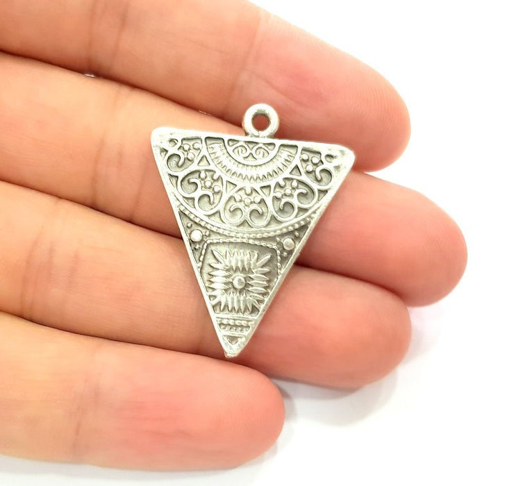 2 Triangle Pendant Silver Pendant Antique Silver Plated Metal (36x29mm) G13624