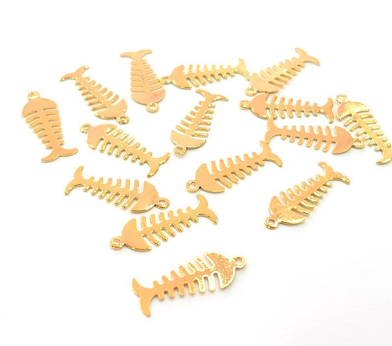 10 Fishbone Charms Gold Plated Charms Gold Plated Brass (20x7mm)  G13640