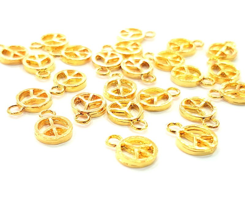 20 Peace Charm Shiny Gold Plated Charm Gold Plated Metal (8mm)  G13645