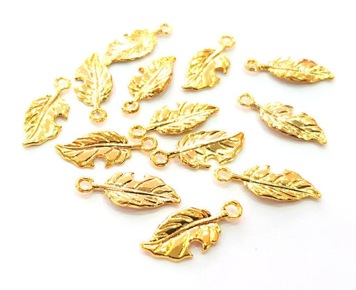 10 Feather Charm Shiny Gold Plated Charm Gold Plated Metal (22x9mm)  G13648