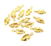 10 Feather Charm Shiny Gold Plated Charm Gold Plated Metal (22x9mm)  G13648