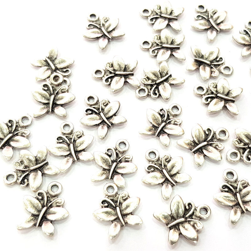 10 Butterfly Charm Silver Charms Antique Silver Plated Metal (14x13mm) G12813