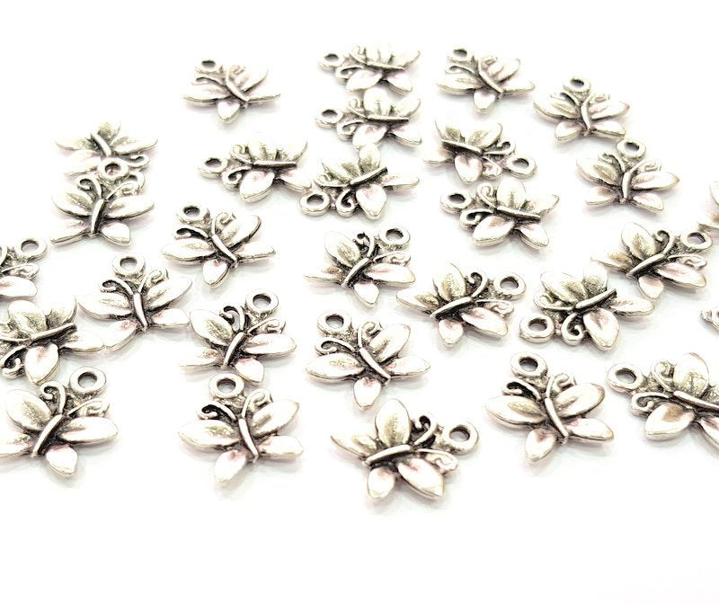 10 Butterfly Charm Silver Charms Antique Silver Plated Metal (14x13mm) G12813