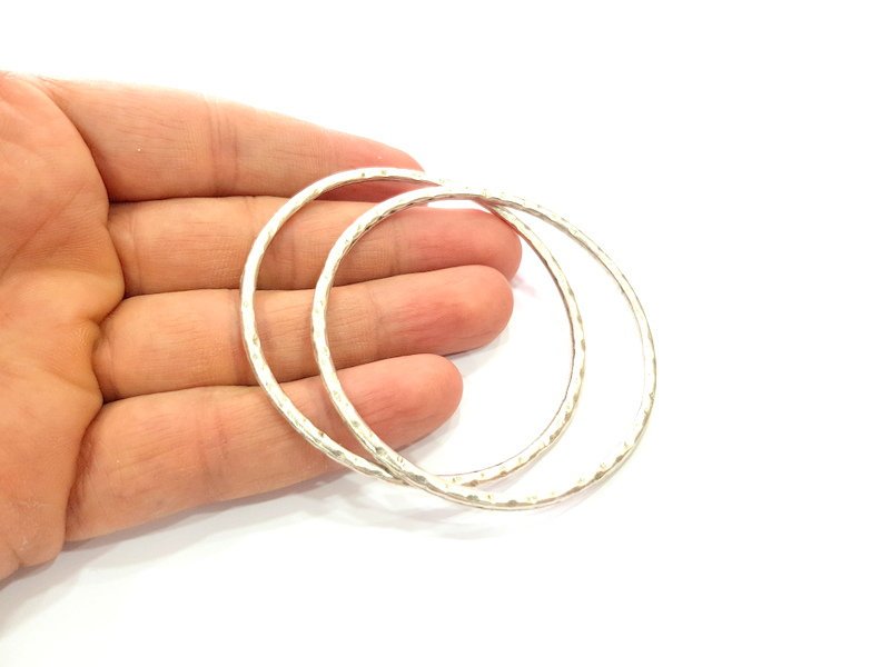 2 Silver Large Hammered Circle Connector Pendant Round Antique Silver Plated (68mm) G12823