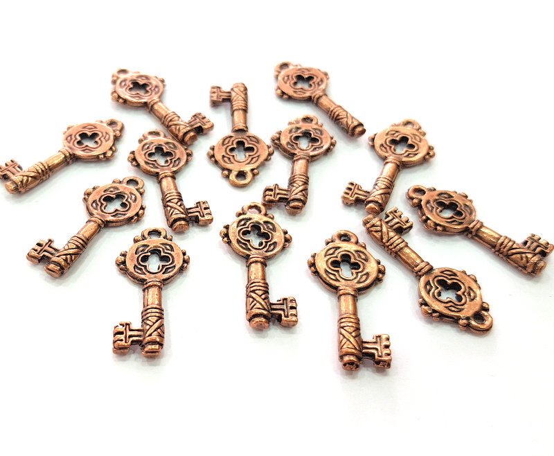 10 Key Charm Antique Copper Charm Antique Copper Plated Metal (25x12mm) G13810