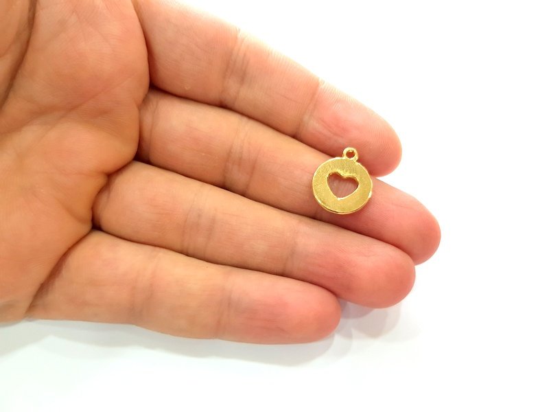 6 Heart Charm Shiny Gold Plated Charm Gold Plated Metal (14mm)  G12987