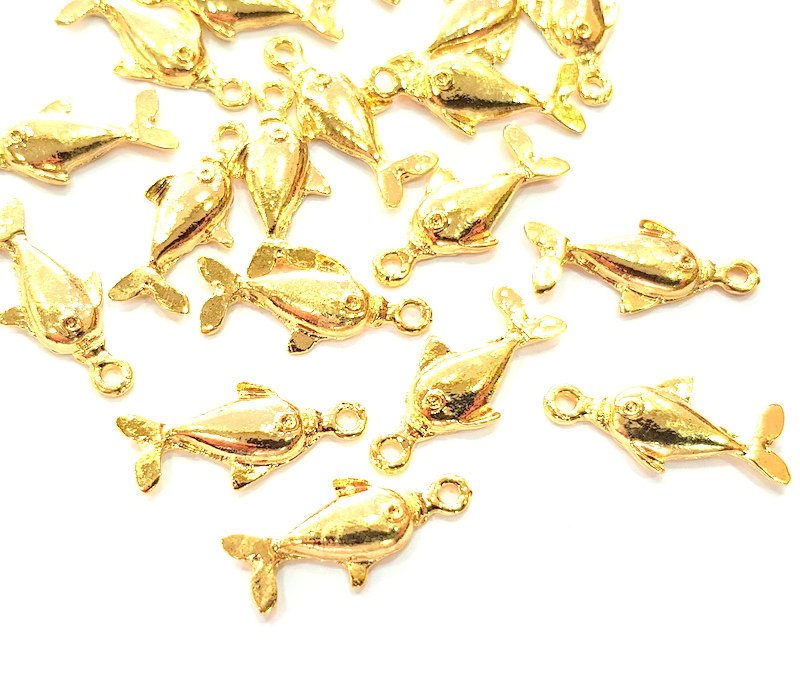 10 Fish Charm 24k Shiny Gold Charm (24x10mm)  G13006