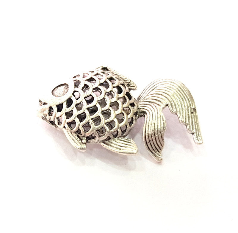 Fish Pendant Silver Charms Antique Silver Plated Brass (34x22mm) G13018