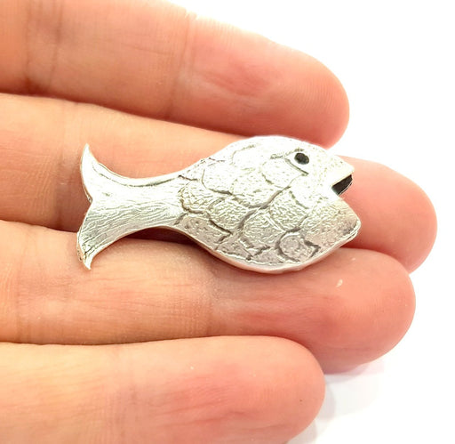 Fish Pendant Silver Charms Antique Silver Plated Brass (38x18mm) G13019