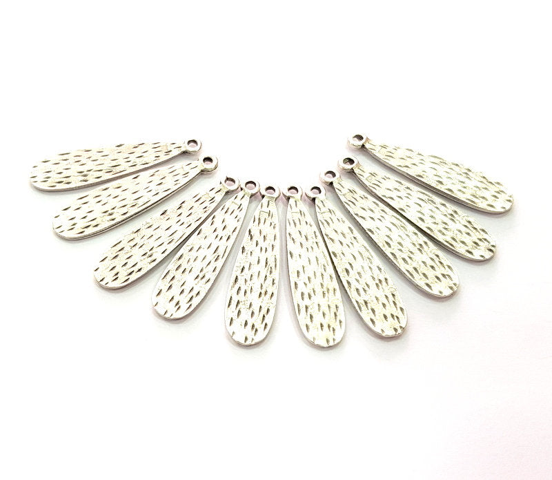 10 Drop Charms Antique Silver Plated Metal (34x8mm) G17127