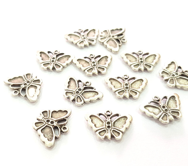 10 Butterfly Charm Silver Charms Antique Silver Plated Metal (19x14mm) G13092