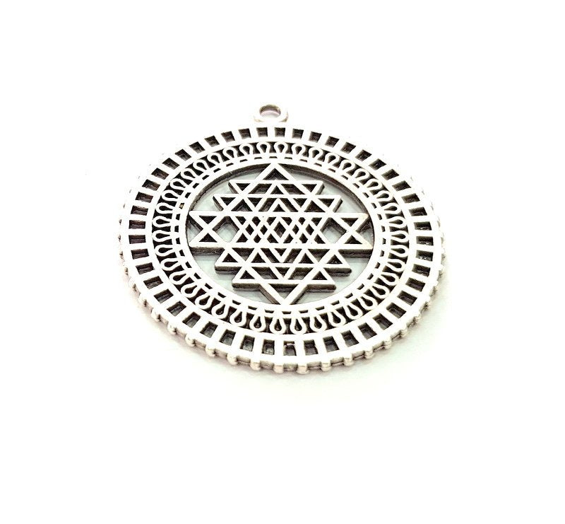 2 Triangle Patterned Circle Charms Antique Silver Plated Metal (36mm) G13529