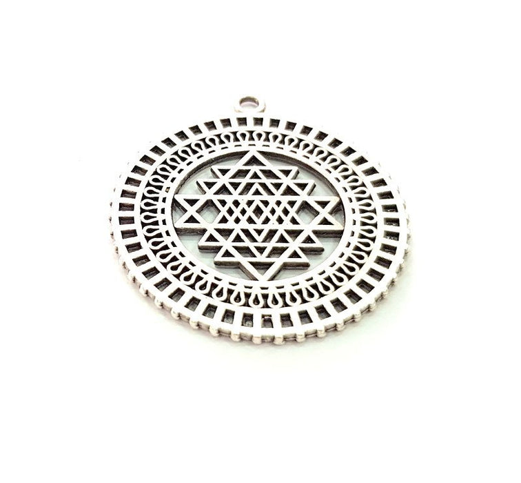 2 Triangle Patterned Circle Charms Antique Silver Plated Metal (36mm) G13529