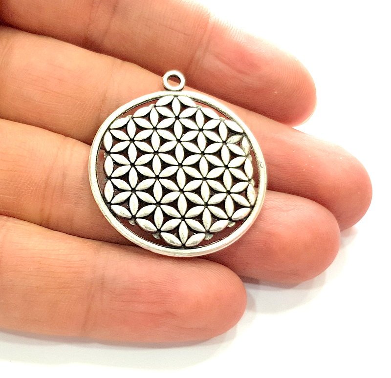 2 Silver Mandala Pendant Antique Silver Plated Metal (33mm) G14063