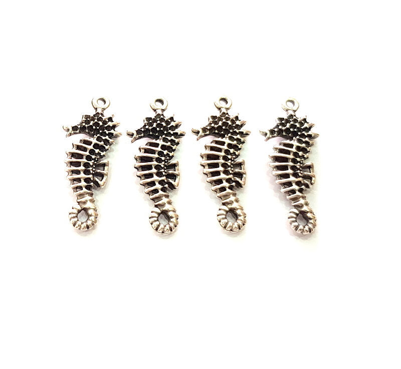 4 Seahorse Charm Silver Charms Antique Silver Plated Metal (34x13mm) G13536