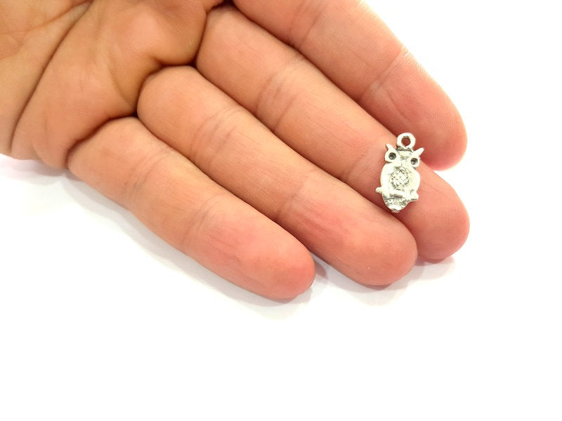 10 Owl Charm Silver Charms Antique Silver Plated Metal (17x9mm) G13547