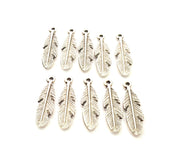 10 Feather Charm Silver Charms Antique Silver Plated Metal (27x8mm) G13549