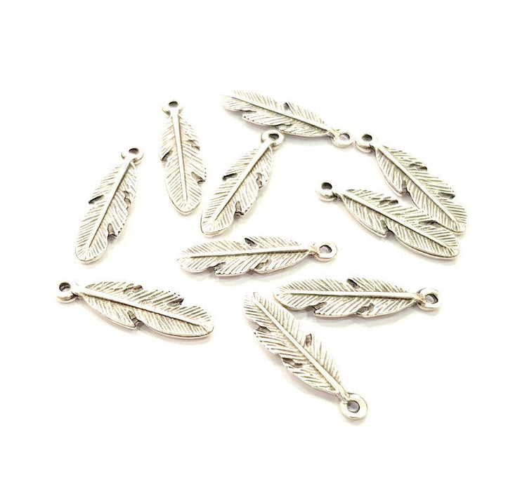 10 Feather Charm Silver Charms Antique Silver Plated Metal (27x8mm) G13549