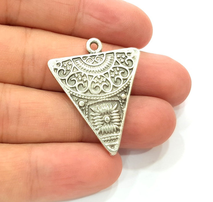 2 Triangle Pendant Silver Pendant Antique Silver Plated Metal (36x29mm) G13624