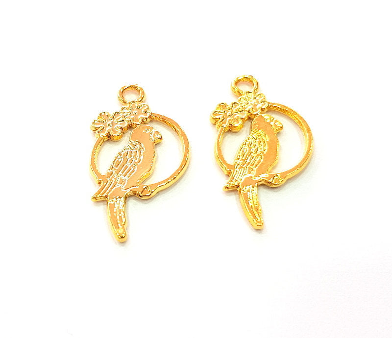 4 Parrot Charm Shiny Gold Plated Charm Gold Plated Metal (28x14 mm)  G13653