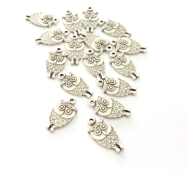 6 Owl Charm Silver Charms Antique Silver Plated Metal (19x10mm) G14118