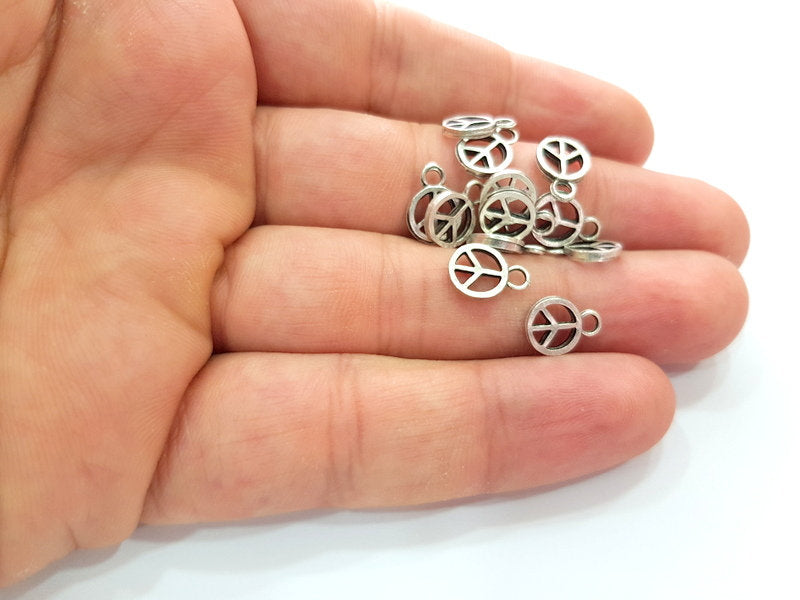 30 Peace Charm Silver Charms Antique Silver Plated Metal (8mm) G14131