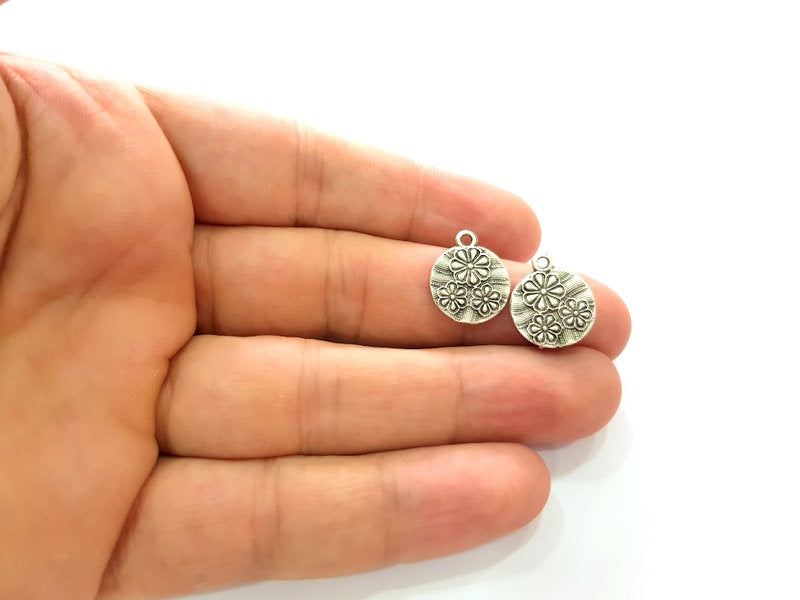 10 Flower Charm Silver Charms Antique Silver Plated Metal (14mm) G14221