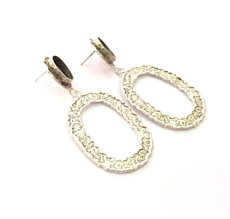 Earring Blank Base Settings Silver Resin Blank Cabochon Base inlay Blank Mountings Antique Silver Plated Brass (14x10mm blank) 1 Set  G14241