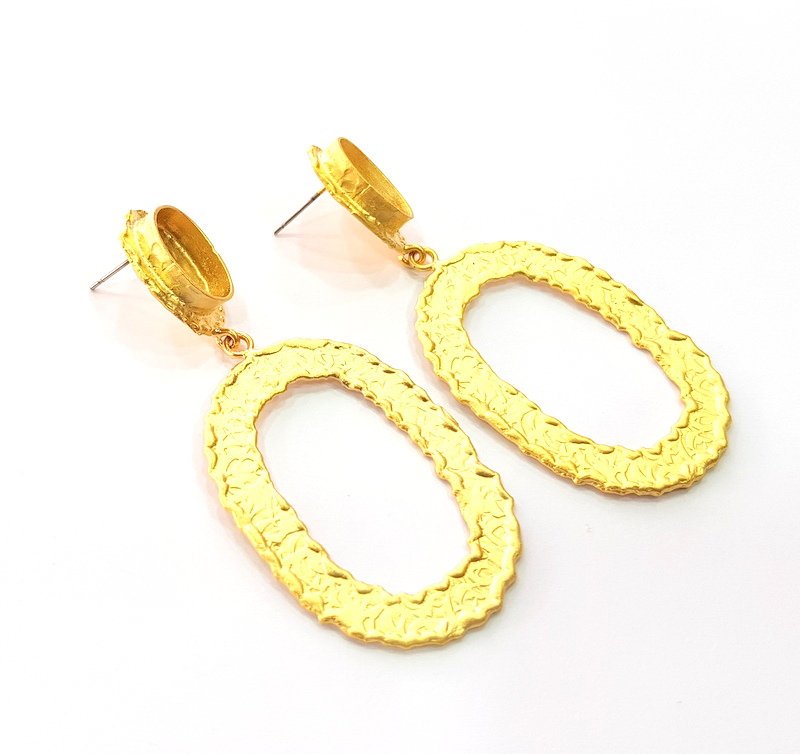 Earring Blank Base Settings Gold Resin Blank Cabochon Bases inlay Blank Mountings Matte Gold Plated Brass (14x10mm blank ) 1 Set  G14242