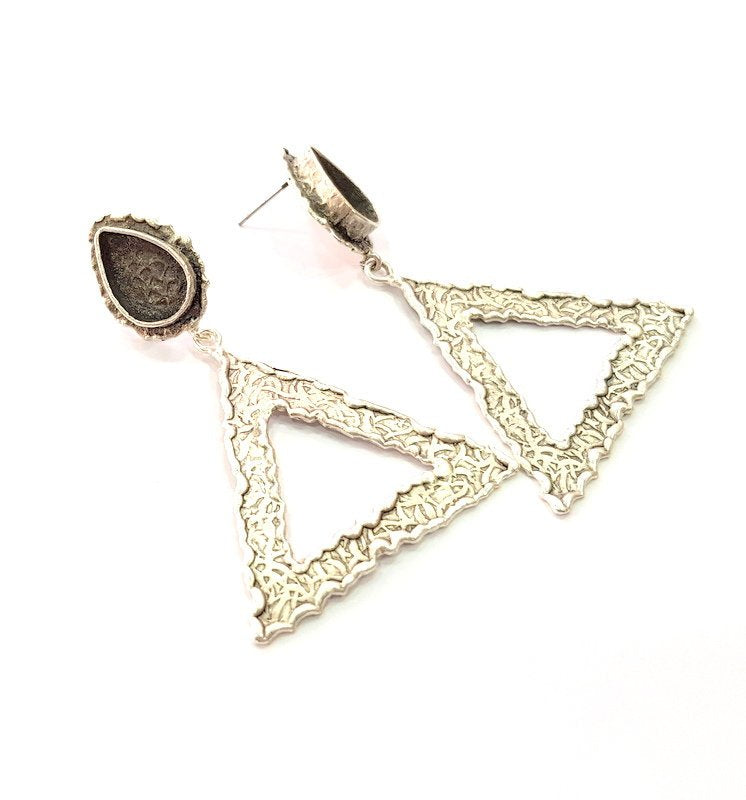 Earring Blank Base Settings Silver Resin Blank Cabochon Base inlay Blank Mountings Antique Silver Plated Brass (14x10mm blank) 1 Set  G14245