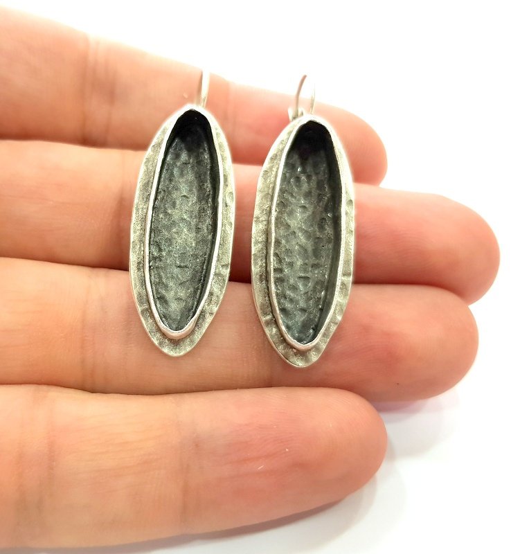 Earring Blank Base Settings Silver Resin Blank Cabochon Base inlay Blank Mountings Antique Silver Plated Brass (29x8mm blank) 1 Set  G14251