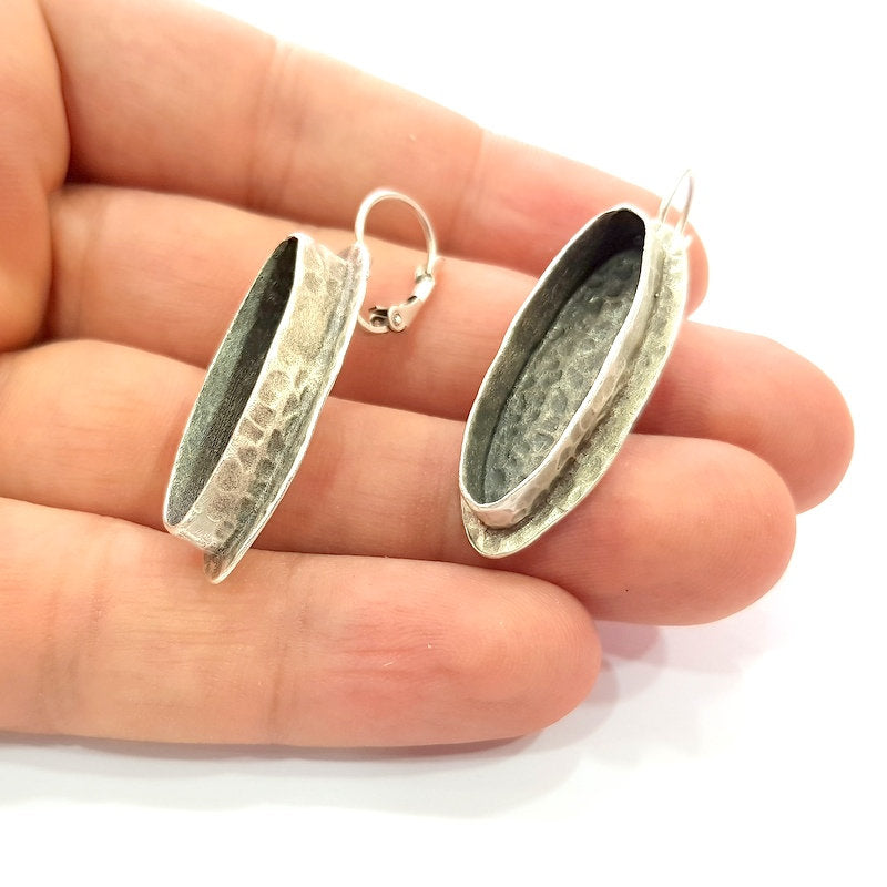 Earring Blank Base Settings Silver Resin Blank Cabochon Base inlay Blank Mountings Antique Silver Plated Brass (29x8mm blank) 1 Set  G14251