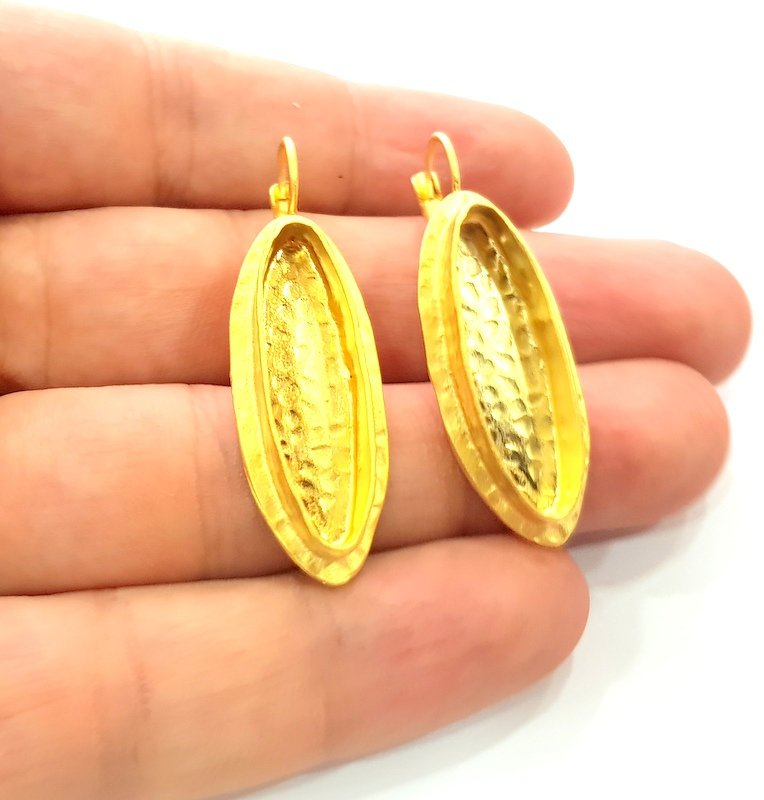 Earring Blank Base Settings Gold Resin Blank Cabochon Bases inlay Blank Mountings Matte Gold Plated Brass (29x8mm blank ) 1 Set  G14252