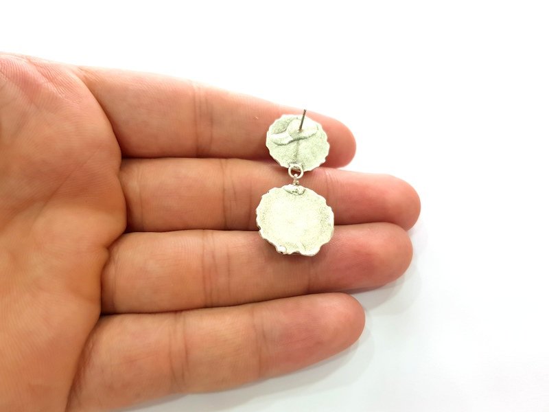 Earring Blank Base Settings Silver Resin Blank Cabochon Base inlay Blank Mountings Antique Silver Plated Brass (10+14mm blank) 1 Set  G14260