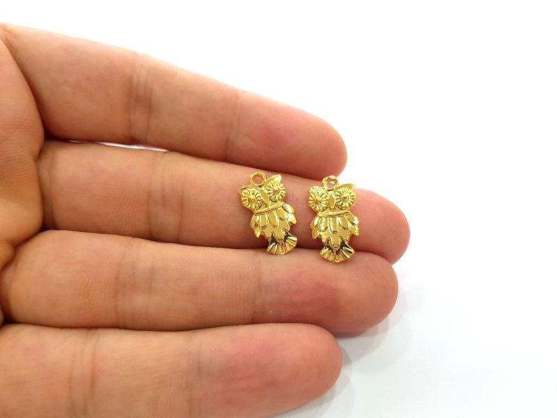 10 Owl Charm 24k Shiny Gold Charm (18x10mm)  G14280