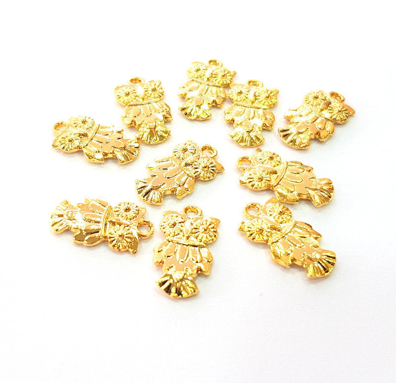 10 Owl Charm 24k Shiny Gold Charm (18x10mm)  G14280