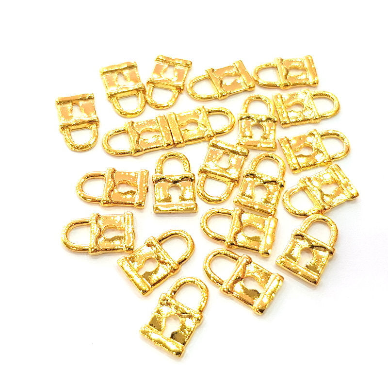 10 Lock Charm Shiny Gold Plated Charm Gold Plated Metal (15x9mm)  G14287