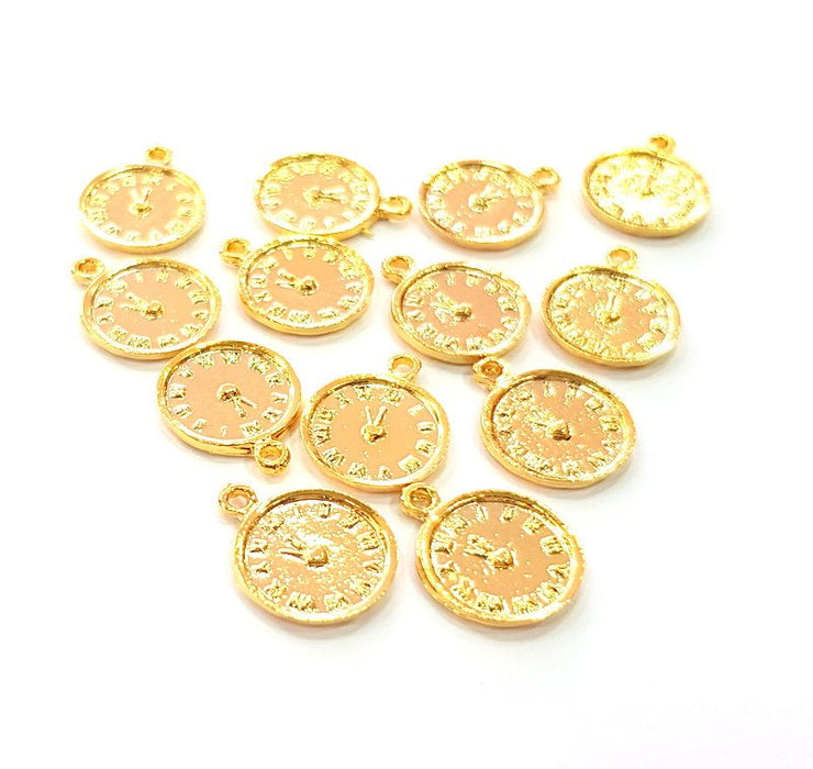 10 Clock Charm Shiny Gold Plated Charm Gold Plated Metal (13mm)  G14290