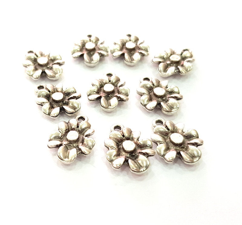 10 Flower Charm Silver Charms Antique Silver Plated Metal (17x13mm) G14334