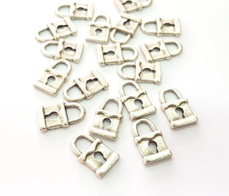 10 Lock Charm Silver Charms Antique Silver Plated Metal (15x9mm) G14335