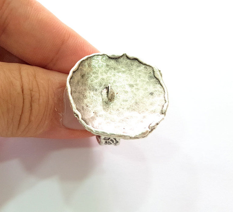 Silver Ring Setting Resin Ring Blank Cabochon Base inlay Mounting Adjustable Ring Base Bezel (32mm) Antique Silver Plated Brass G14352